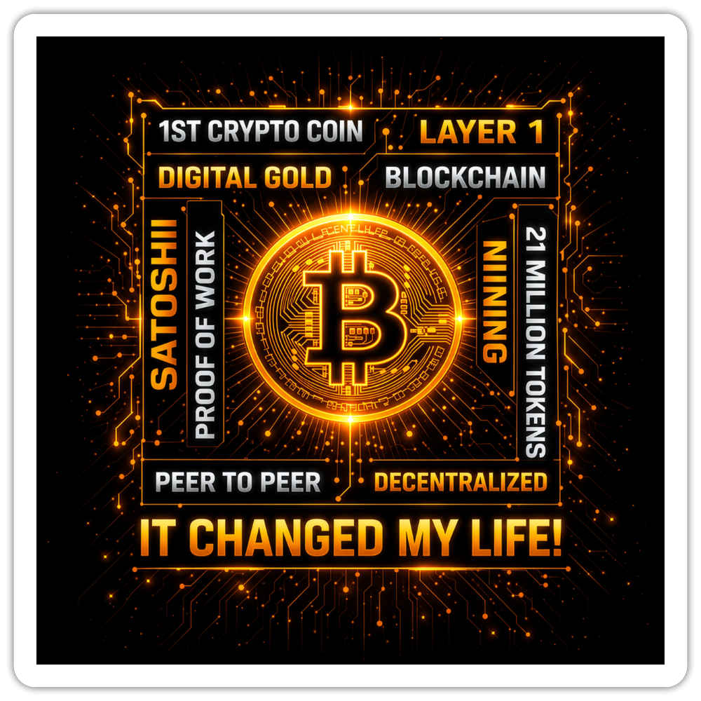 Bitcoin Changed Life (Fan-Art) - Sticker 10 x 10 cm - Mattweiß
